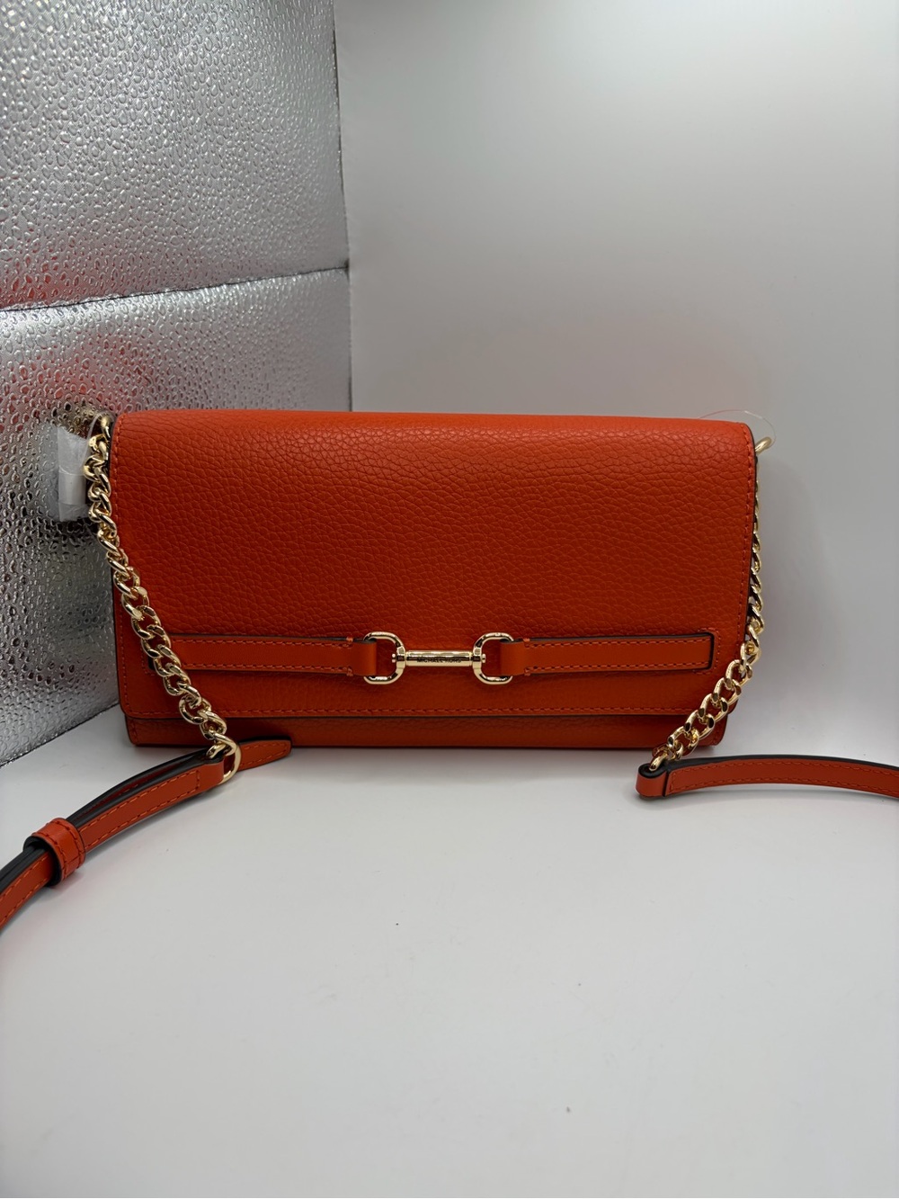 Orange Leather Wallet on a Chain-Shoulder Crossbody